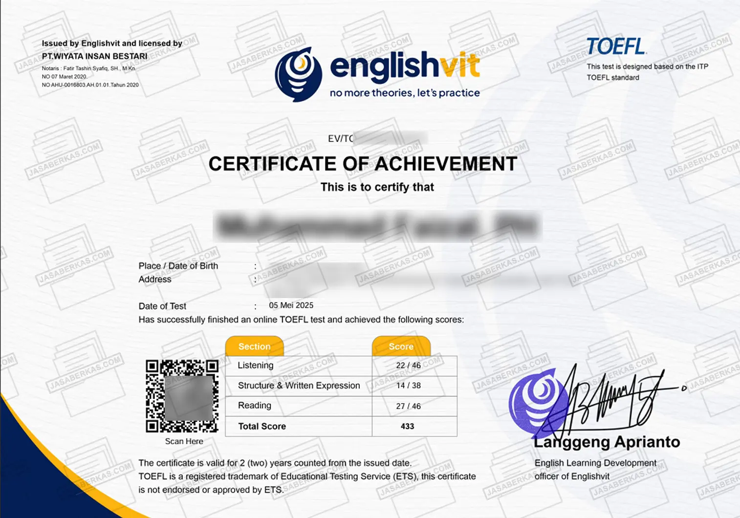Sertifikat TOEFL