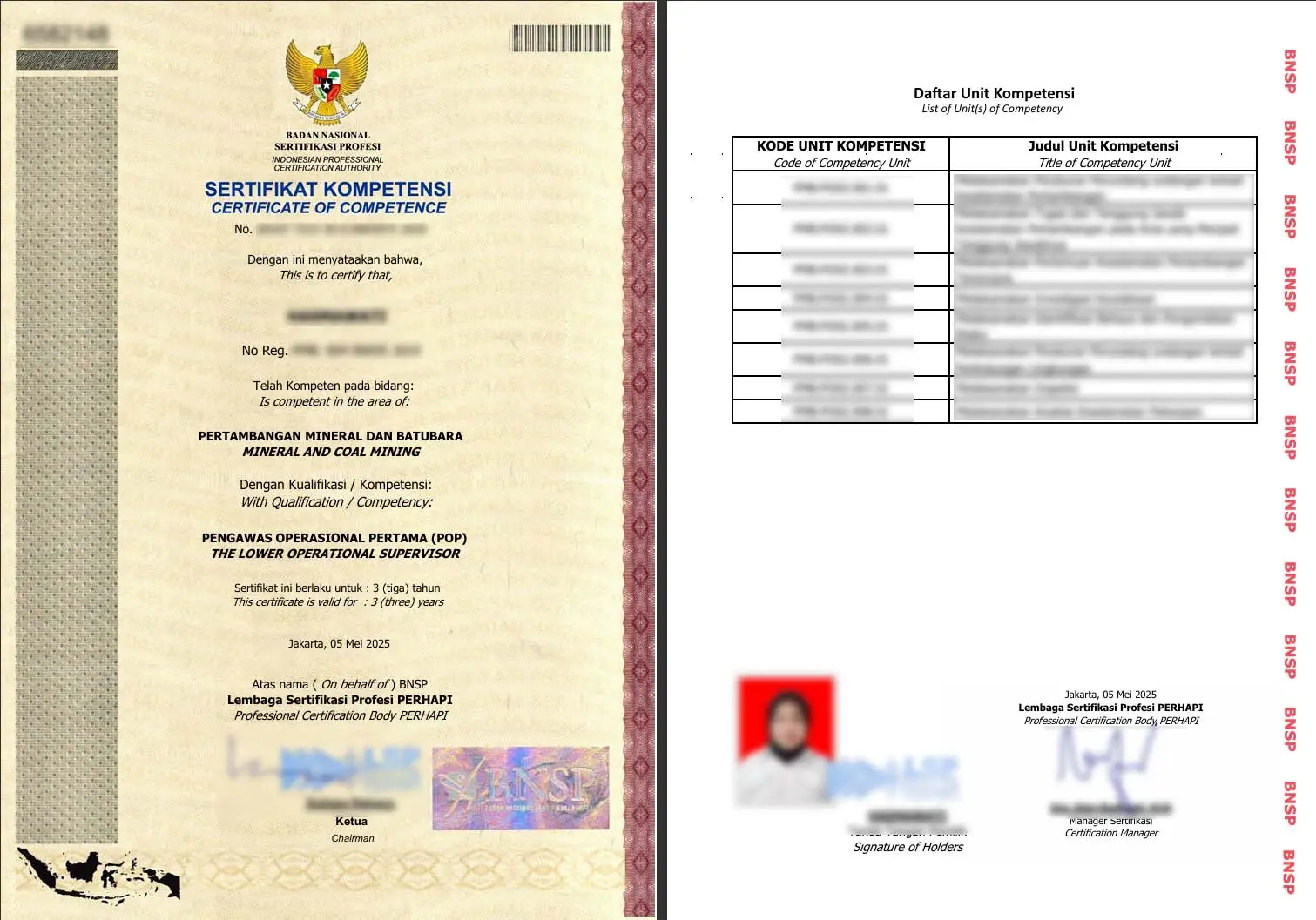 Sertifikat BNSP -  POP ( Pengawas Operasional Pertama )